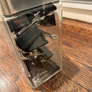 GORGEOUS CRATE AND BARREL GLASS JAR WITH 16 AVERY EXTRA LARGE BINDER CLIPS